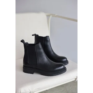 Whitney Hakiki Deri Lastikli Kadın Kısa Bot - Siyah