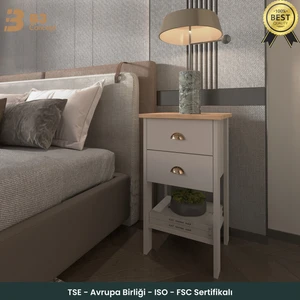 B3 Concept Retro Serisi Özel Tasarım Yatak Yanı – Kolay Kurulum - Çift Çekmeceli Komodin Safir Meşe - Beyaz