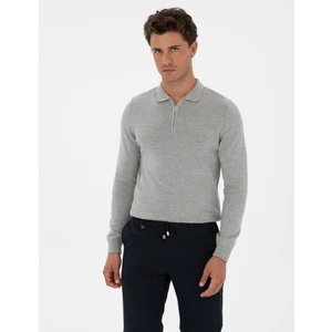 Pierre Cardin Erkek Gri Melanj Slim Fit Polo Yaka Fermuarlı Basic Triko Kazak 50315406-VR086