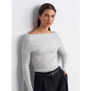 10808 Bardot Yaka Fitilli Simli Triko Kazak-Açık Gri