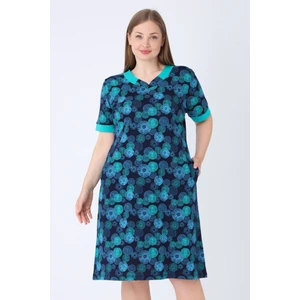 Büyük Beden Lacivert Desenli Pamuklu Cepli Biye Detaylı V Yaka Kısa Kollu Büyük Beden Elbise