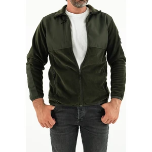 Erkek Haki Slim Fit Anti-Pilling Tüylenme Yapmayan Tam Fermuar Softshell Garnili Polar Sweatshirt