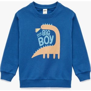 Pamuklu Dinozor Baskılı Uzun Kollu Bisiklet Yaka Şardonlu Sweatshirt