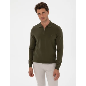 Pierre Cardin Erkek Koyu Haki Slim Fit Polo Yaka Fermuarlı Basic Triko Kazak 50315406-VR111