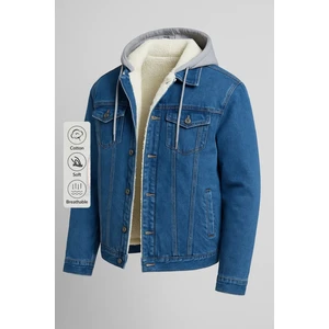 Erkek Kürklü Oversize Mavi Kapşonlu Kot Mont