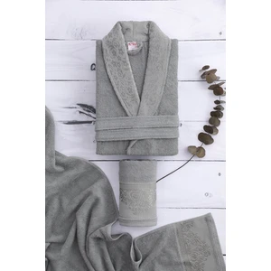 Pamuklu Jakarlı Tekli Bornoz Seti - Antrasit