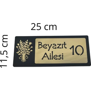 Kişiye Özel Siyah Ahşap Gold Pleksi Çiçek Motifli Kapı Numarası ve Isimlik Tabela