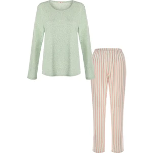 Kadın Pamuklu Kaşkorse Üst Etiket Detaylı Çizgili Pijama Takımı