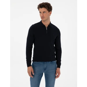 Pierre Cardin Erkek Lacivert Slim Fit Polo Yaka Fermuarlı Basic Triko Kazak 50315406-VR033