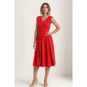 V Yaka Kuşaklı Krinkıl Kumaş Midi Elbise