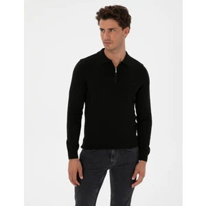Pierre Cardin Erkek Siyah Slim Fit Polo Yaka Fermuarlı Basic Triko Kazak 50315406-VR046