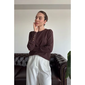 Bisiklet Yaka Kolu Düğmeli Orijinal Kazak- Kahverengi