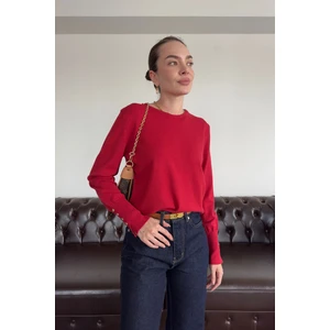 Bisiklet Yaka Kolu Düğmeli Orijinal Kazak- Kırmızı