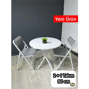 Aras 2 Kişilik Yuvarlak Mutfak Yemek Masası Takımı 2+1 Beyaz Kazayağı Kumaş 80 cm
