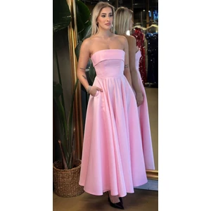Pembe Straplez Yaka Kloş Etekli Saten Midi Abiye Elbise 7647