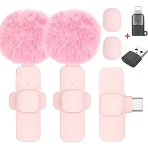 Kablosuz Tüylü Pembe Yaka Mikrofonu Type-C ve Apple Girişli 2’li Set Bluetooth 5.0