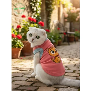 Şeker Pembe Renkli Kedi ve Köpek Kıyafeti Elbisesi Sarı Kedi Baskılı