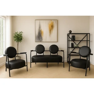 Azra Mobilya - Venüs Çay Seti Koltuk Takımı - Deri Kumaş - Ahşap Ayak - Ofis Koltuk Takımı - Siyah
