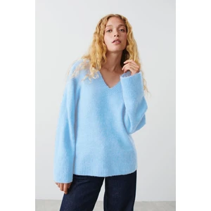Bebe Mavisi V Yaka Oversize Kadın Triko Kazak MG2149