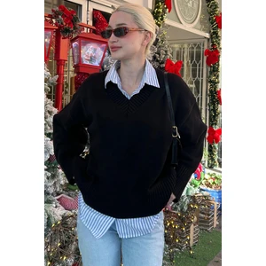 Siyah V Yaka Oversize Kadın Triko Kazak MG2149