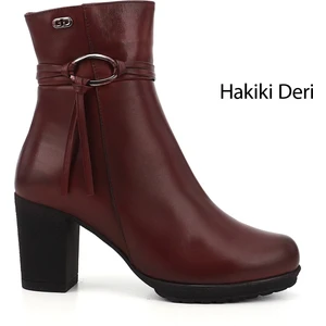 Kadın Bordo Antik Fermuarlı Kalın Topuklu Hakiki Deri Bot