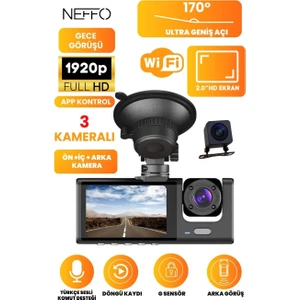 3 Kameralı Araç KAMERASI(2025) Wifi / App /1920P Fhd/ 170° Ultra Geniş Açı/gece Görüş/ G-Sensörü