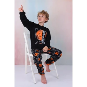 Yeni Sezon Erkek Çocuk Gez Garson Basketball Uzun Kollu Pamuk Interlok Pijama Takımı 5154-SIYAH