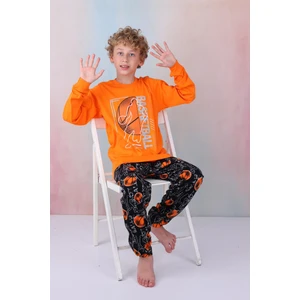 Yeni Sezon Erkek Çocuk Gez Garson Basketball Uzun Kollu Pamuk Interlok Pijama Takımı 5154-TURUNCU