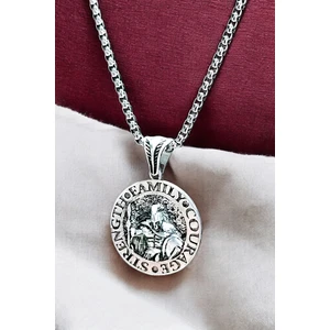 AK Store Gümüş Kaplama Krom-Çelik Erkek Kolye Madalyon Cesaret, Güç, Aile