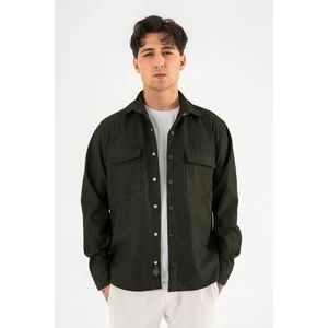 Erkek Haki Oversize Gömlek Ceket Kapaklı Çift Cepli Çıtçıtlı