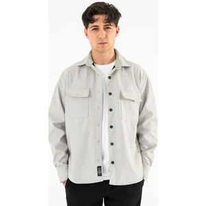 Erkek Açık Gri Oversize Gömlek Ceket Kapaklı Çift Cepli Çıtçıtlı