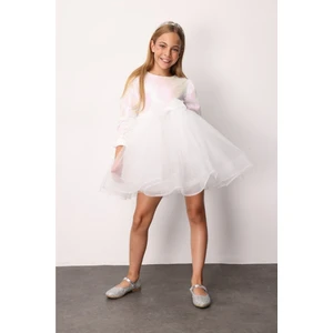 Beyaz  Pullu Grenli Fiyonk Detaylı Kız Çocuk Elbise - Irene