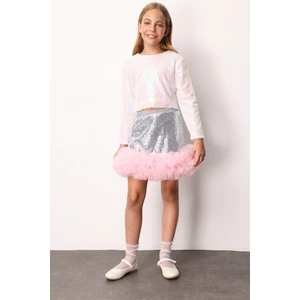 Gümüş  Pullu Ucu Tül Detaylı Kız Çocuk Etek - Sheron