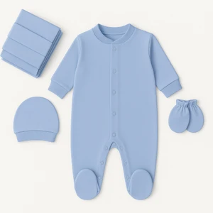 %100 Pamuk 0-9 Ay Erkek Uzun Kollu Şapka ve Eldivenli Bebek Tulum