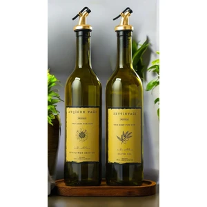 Ahşap Stantlı Amber 2 Adet Gold Tıpalı Gold Etiketli 750 ml Zeytinyağı Ayçiçek Yağı Sıvı Yağ Şişesi