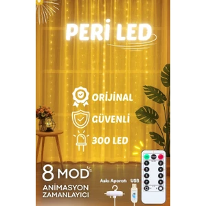 Perde LED 3MX3M Kumandalı 8 Fonksıyonlu 300 Ledli 10 Sarkıtlı Peri Ledi USB Girişli