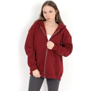 Kadın Bordo Fermuarlı Şardonlu Kapüşonlu Oversize Sweatshirt - 9015 - 264401