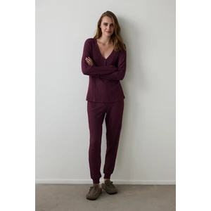 Bordo Cozy Time V Yaka Uzun Kollu Pijama Takımı