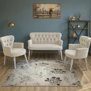 Azra Mobilya - Roma Çay Seti Koltuk Takımı - Babyface Kumaş - Ahşap Beyaz Ayak - Krem