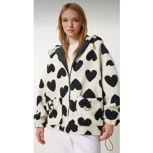 Trend Kalp Desenli Kapüşonlu Polar