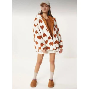 Trend Kalp Desenli Kapüşonlu Polar