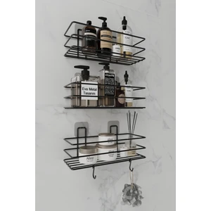 3'lü Set Yapışkanlı 2 Kancalı Paslanmaz Banyo Rafı Mat Siyah Banyo Şampuanlık Duşakabin Duş Askısı