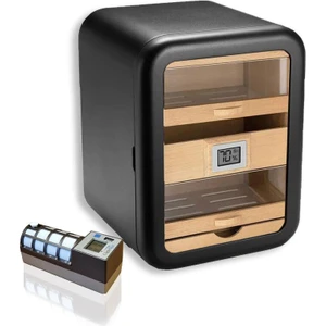 Camlı 5 Çekmeceli Puro Kutusu Humidor Siyah 80's Cigarspa Elektronik Nemlendirme