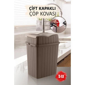 5 L - Çift Kapaklı Slim Çöp Kovası - Dekoratif Tezgah Üstü Ev Ofis Banyo & Mutfak Çöp Kutusu Kahve