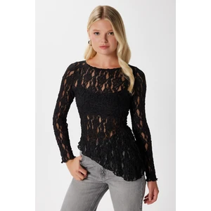 Angel Asimetrik Siyah Uzun Kollu Dantel Top / Bluz