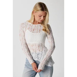 Angel Asimetrik Ekru Uzun Kollu Dantel Top / Bluz