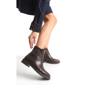 Alçak Taban Fermuarlı Yandan Gold Toka Detaylı Kısa Kadın Bot Bootie