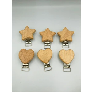6 Adet Ahşap Klips Yıldız-Kalp Model Klips Emzik Klipsi - Bebek Emzik Zinciri - Cilasız - Amigurumi