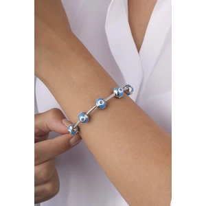 Mavi Göz Motifli Beyaz Altın Kaplama Kadın Çelik Charm Bileklik