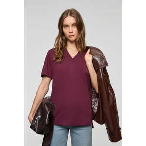 ALINE Kadın %100 organik Pamuk Derin V Yakalı Comfort Fit Bordo T-Shirt